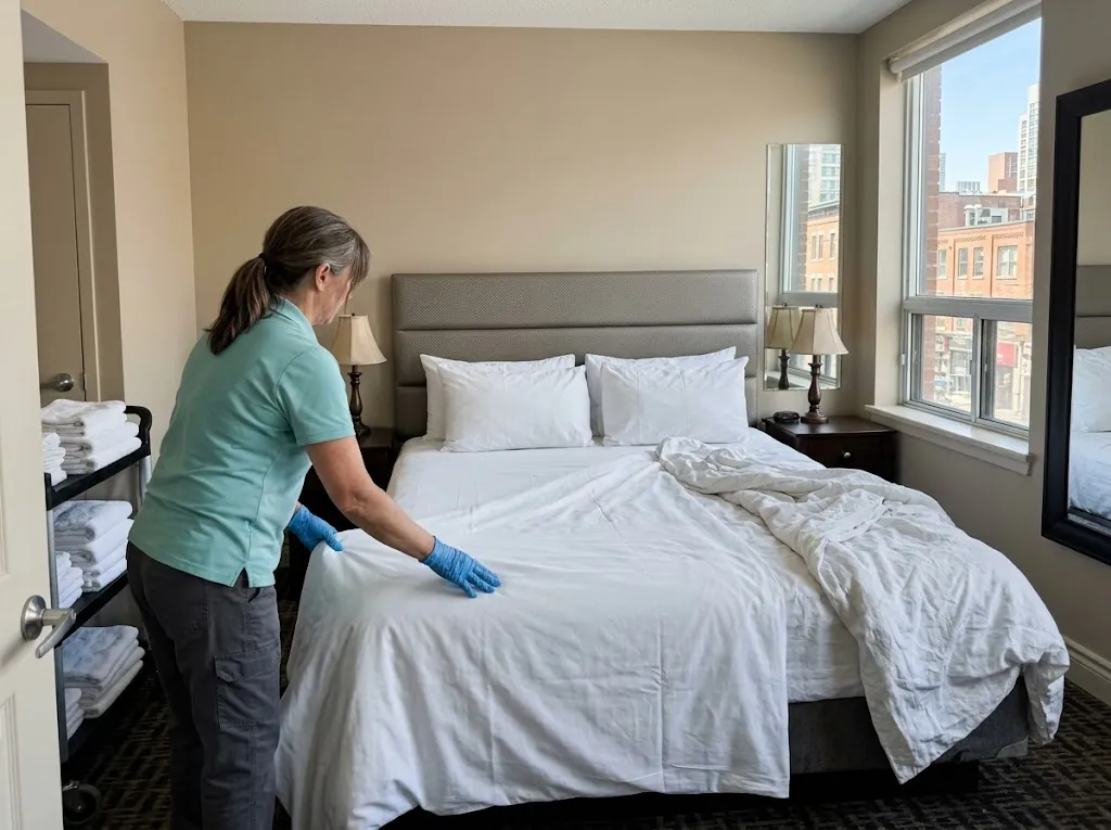 Cleaner smoothing a fresh white duvet in a hotel room