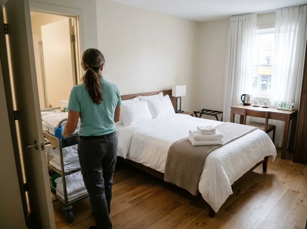 Hotel room ready for the next guest, cleaner leaving with her cart